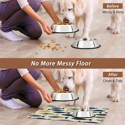 Fish Boho Dog Food Mat for Floors,Ocean Absorbent Quick-Dry Pet Feeding Mat,Cat Dog Bowl Mats for Food and Water,Non-Slip Pet Accessories Supplies 12"X20"5