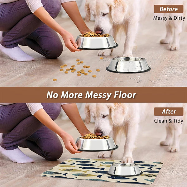 Fish Boho Dog Food Mat for Floors,Ocean Absorbent Quick-Dry Pet Feeding Mat,Cat Dog Bowl Mats for Food and Water,Non-Slip Pet Accessories Supplies 12"X20"5
