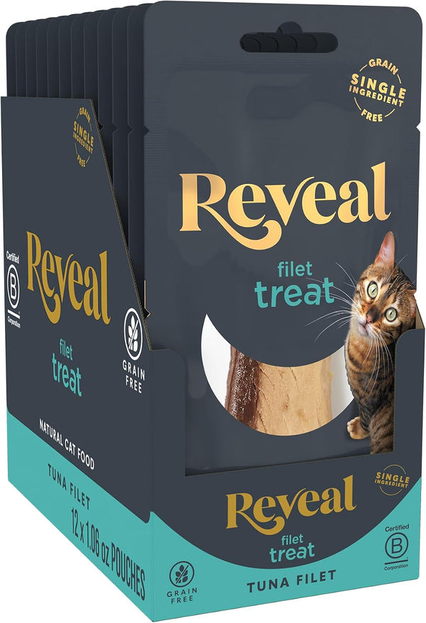 Reveal Whole Tuna Filet Cat Treats 12-Pack 1.06 Oz Loins | 100% Natural, High Quality Protein, Single Ingredient, Grain Free, High Protein, No Fillers, No Artificial Additives1