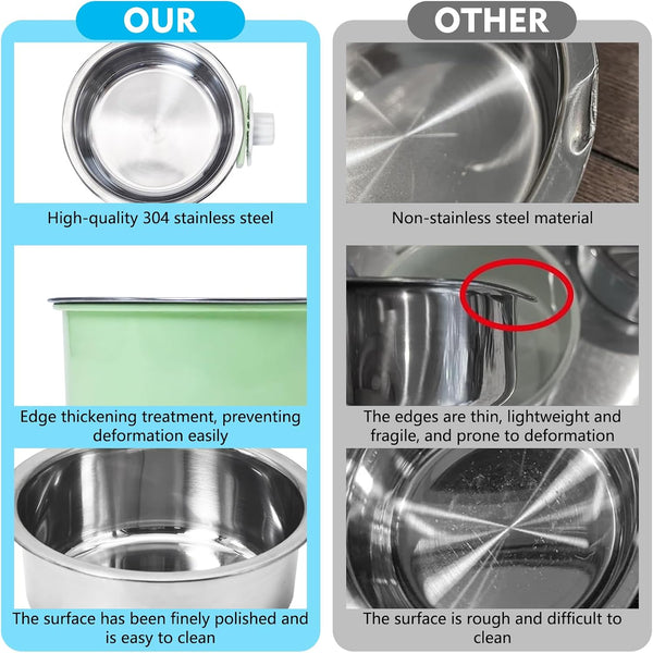 Kathson Crate Dog Bowl, Removable Stainless Steel Hanging Pet Kennel Cage Bowl Food & Water Feeder Coop Cup for Puppy, Cat, Rabbit, Guinea Pigs Ferret Bird (2 PCS, Size: M, Blue and Green)5