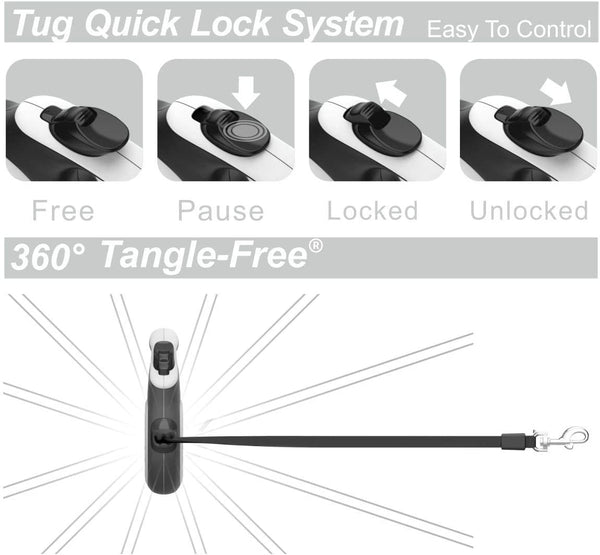 TUG 360° Tangle-Free Retractable Dog Leash | 16 Ft Strong Nylon Tape | One-Handed Brake, Pause, Lock (Medium, White)5