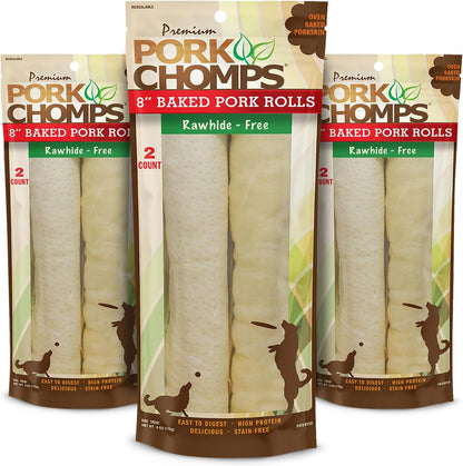 Pork Chomps Baked Pork Skin Dog Chews, 8 in Rolls, Chicken, 2 Count | Made with a Real Chicken Wrap over Oven-Baked Pork Skin - Rawhide-Free, Low in Fat, and Easy to Digest10