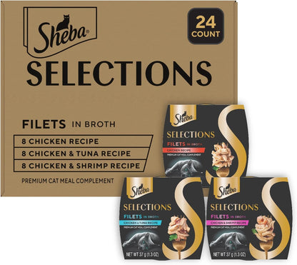 Sheba Selections Filets Wet Cat Food Complement, Variety, 1.3 Oz, 24 Ct | Grain-Free, Real Chicken #1 Ingredient, No Corn or Soy, No Artificial Flavors, Peel & Serve Topper or Treat, 1.3 Oz. Cups1