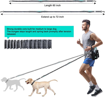 SHINE HAI Retractable Hands Free Dog Leash with Dual Bungees for 2 Dogs, Adjustable Waist Belt Fanny Pack, Reflective Stitching Leash for Running Walking Hiking Jogging Biking Black4