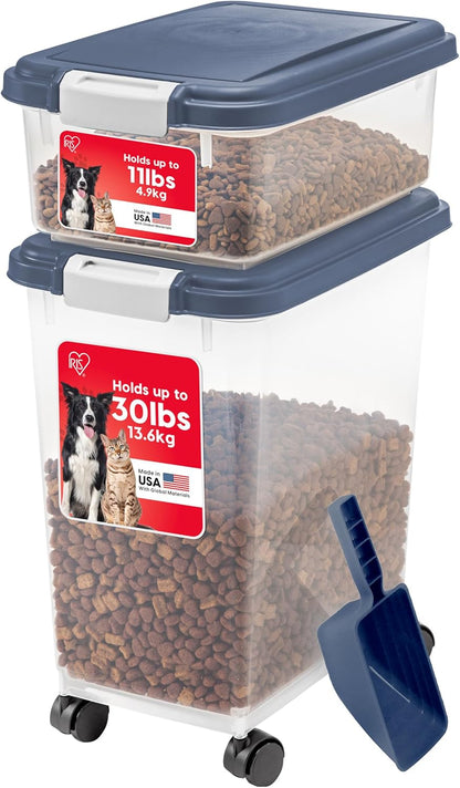 IRIS USA Dog Food Storage Container 30 Lb + 11Lb Airtight Combo, Stackable Pet Food Storage Bin with Wheels for Cat Dog Food, BPA Free, Made in USA, Black | Stackable Pet Food Plastic Storage Bins with Wheels for Cat and Dog Food, Made in USA11