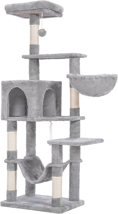 Hey-Brother Cat Tree with Large Hammock, Multi-Level Cat Tower for Indoor Cats, Cat Condo with Sisal-Covered Scratching Posts and Top Perch, Light Gray MPJ050W7
