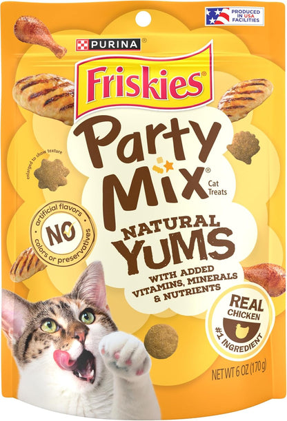 Purina Friskies Natural Cat Treats, Party Mix Natural Yums with Real Chicken & Vitamins, Minerals & Nutrients - (Pack of 6) 6 Oz. Pouches1