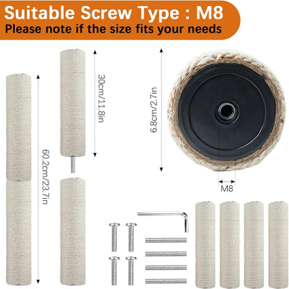 4 Pcs Cat Scratching Post Replacement 12In Cat Tree & Tower Scratch Pole Refill Parts with M8 Screws Sisal Rope Cat Furniture Protector2