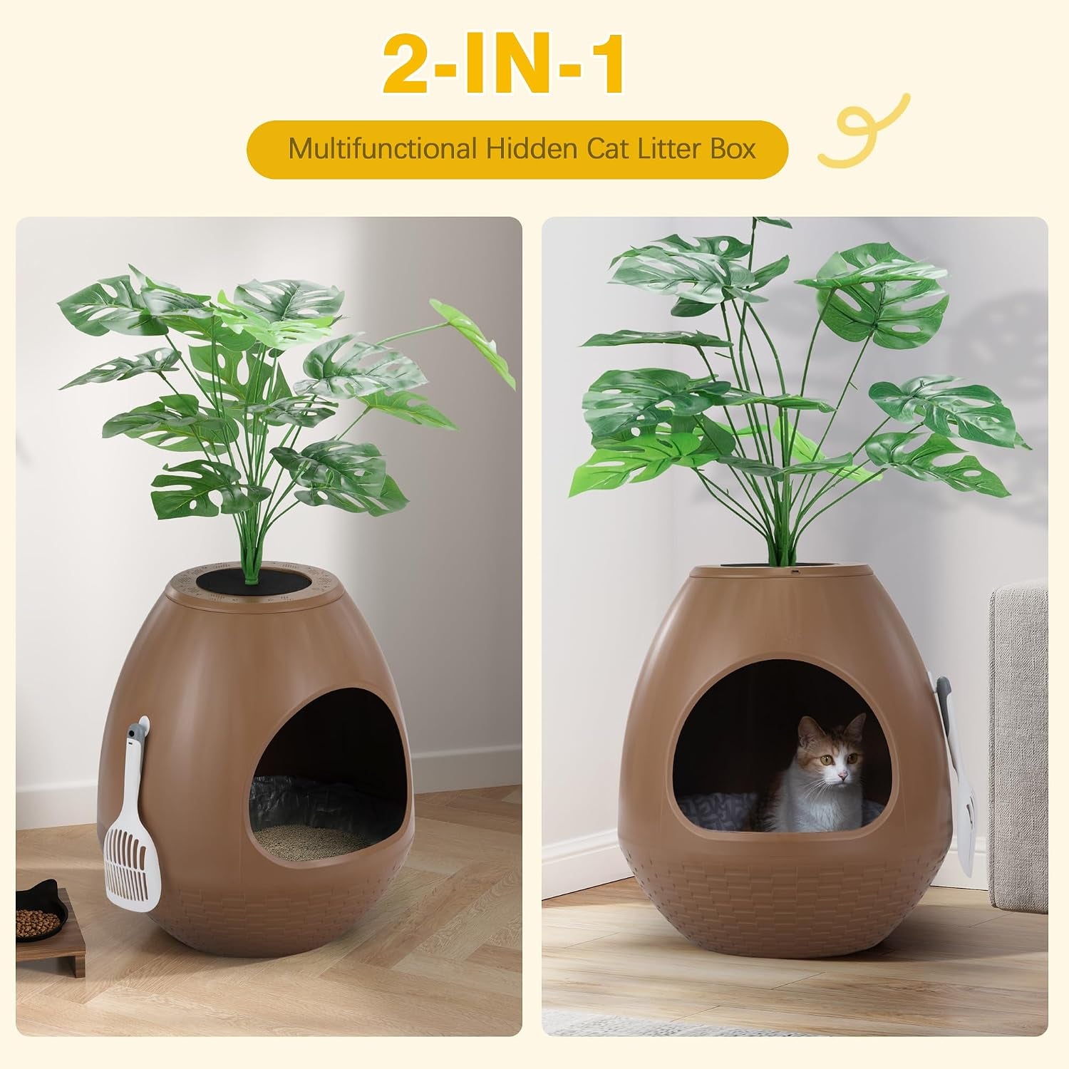 eggloa6-hidden-cat-litter-box-with-artificial-plants-odor-removal-system-egg-shaped-enclosure-includes-scoop-3pcs-liners-secret-discreet-furniture-diy-assembly-cat-litter-box-cabinet-brown
