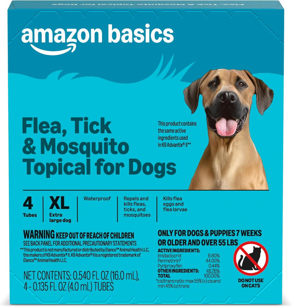 Amazon Basics Preventative Flea, Tick & Mosquito Topical Treatment for X-Large Dogs (Over 55 Pounds), Kills Fleas, Long-Lasting, 6 Count, Packaging May Vary10