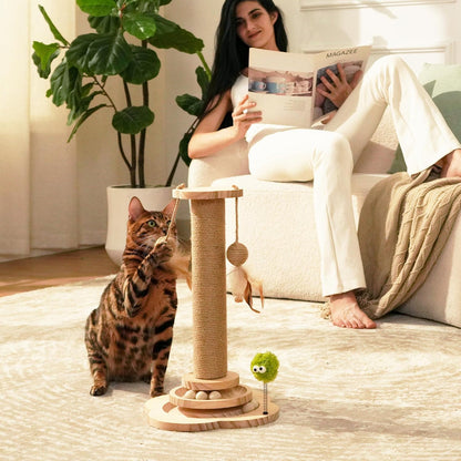 TINYBEAST Wooden Cat Scratching Post Fot Kittens, 4 in 1 Cat Scratcher Toy with Cat Ball Tracks, 18" Tall Sisal Scratch Post for Indoor Kittens, Interactive Feather Toy and 2 Sisal Hanging Balls8