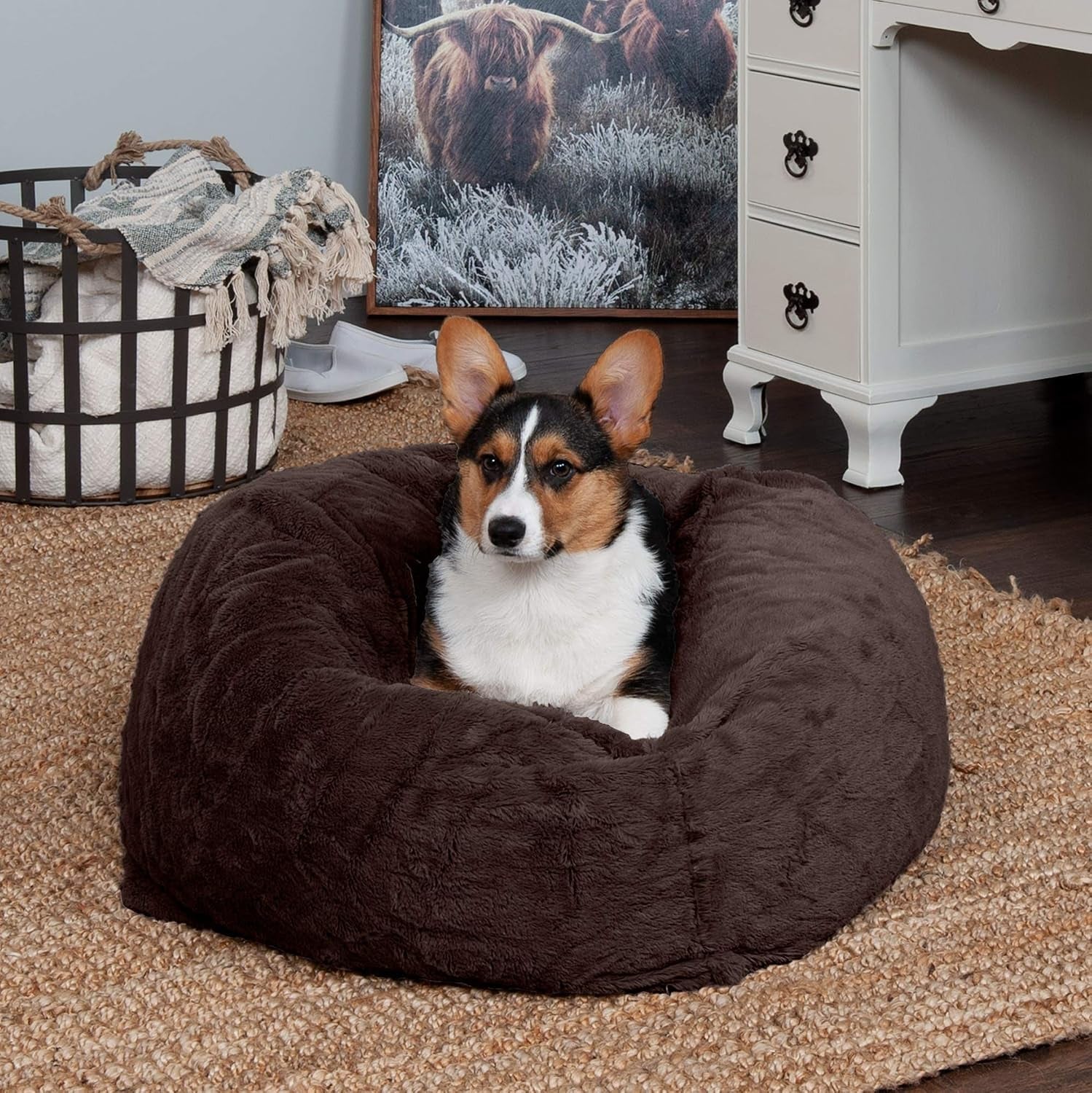 furhaven-soft-cozy-dog-bed-for-medium-small-dogs-refillable-w-removable-washable-cover-liner-for-dogs-up-to-35-lbs-plush-faux-fur-bean-bag-style-ball-bed-espresso-medium