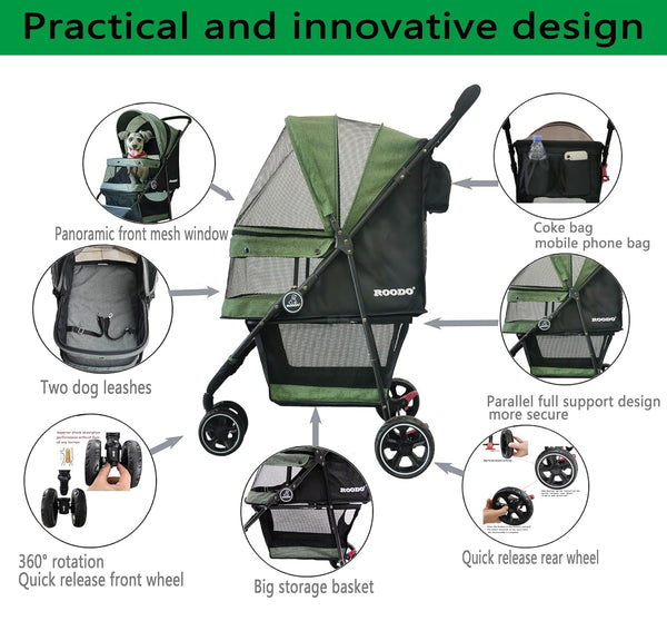 ROODO 3 Wheel Pet Stroller Best Lightweight Foldable Compact Portable Jogger All Terrain Travel Pet Gear Puppy Kitty Stroller for up to 30Lbs Medium Small Dogs and Cats(Green)5