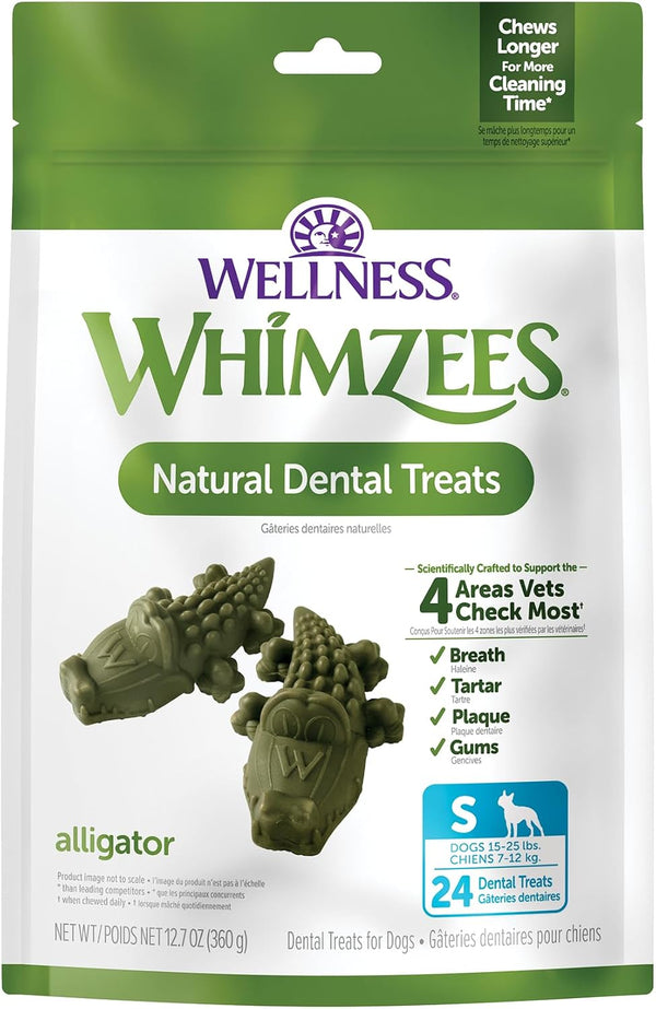 Whimzees Wellness Alligator Natural Dog Dental Treat, Chews, Freshens Breath, Small Size, 12.7 Oz Bag, 24 Count1