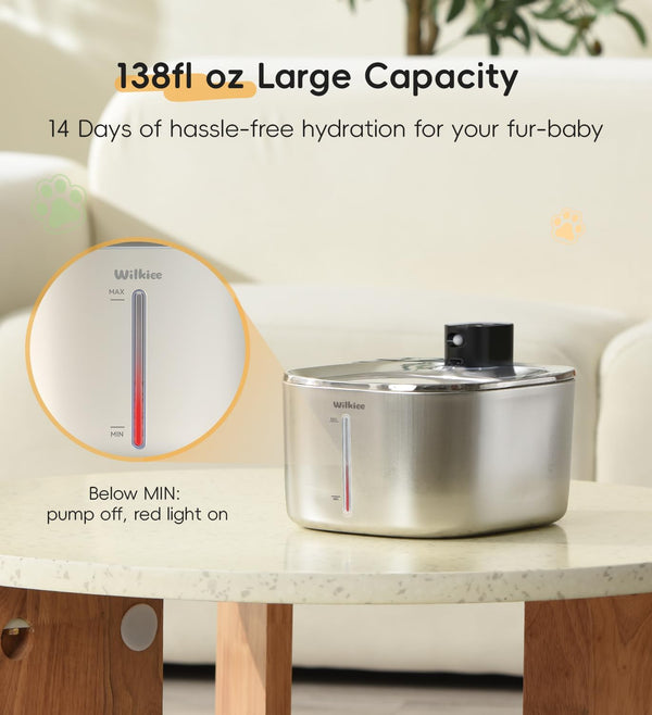 Cat Water Fountain Stainless Steel, 138Fl.Oz / 4.1L Cordless Cat Fountain | Wireless Pet Fountain; 4000Mah Battery; Indoor; Triple Water Modes; 25 Db Ultra-Quiet8