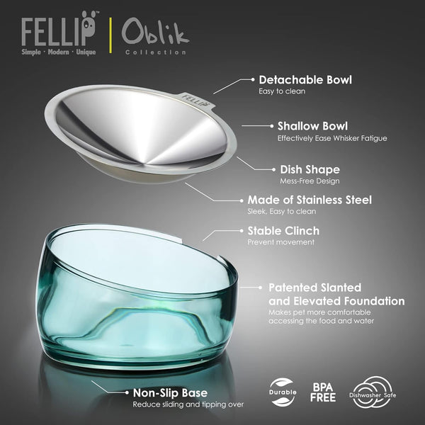 Felli Oblik Elevated Cat Bowl Removable Stainless Steel Wide Dish for Dry Wet Food Feeding & Dishwasher Clean, Slanted Whisker Fatigue Friendly Metal Plate (Classic, 0.5 Cups Shallow Dish)2