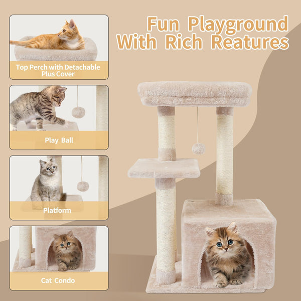 Cute Cat Tree Kitten Cat Tower Condo Cat Furniture Sisal Scratching Posts B | FISH&NAP for Indoor Jump Platform Activity Center Play House Beige5