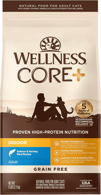 Wellness CORE+ Adult Dry Cat Food for Indoor Cats, Natural, Grain Free Kibble, Chicken, Turkey and Chicken Meal Recipe, 5 Lb Bag15