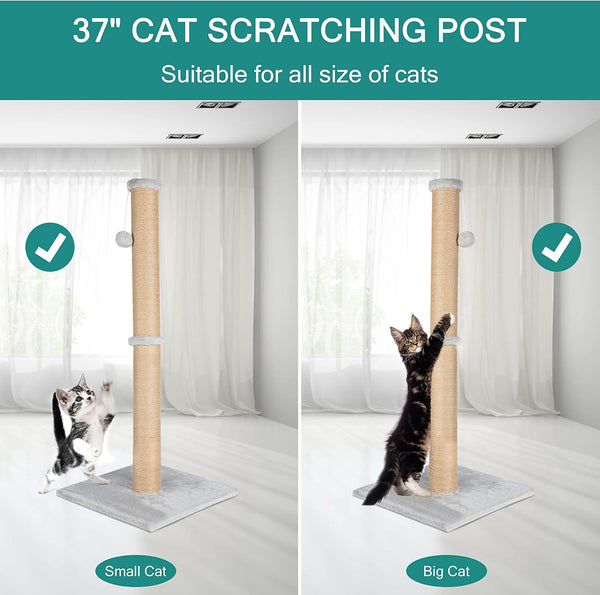 Fluffydream 37'' Cat Scratching Post, Natural Sisal Rope Scratcher with Dangling Teaser Ball and Covered with Soft Plush for Kittens and Adult Cats, Sand Color4