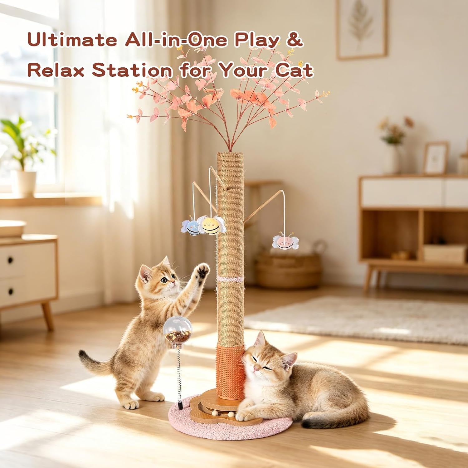 45-tall-cat-scratching-post-for-large-cats-adults-grooming-brush-track-ball-spring-feeder-3-bee-toys-sisal-rope-large-cat-scratcher-tree-with-leaves-for-indoor-cats-pink