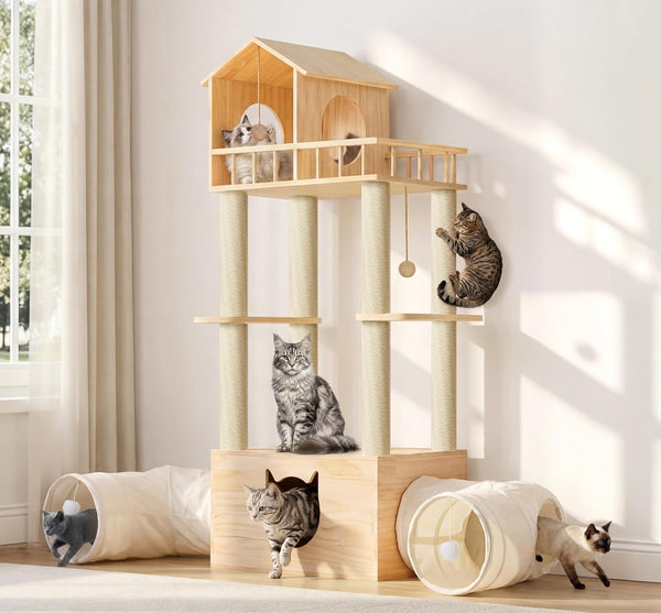 60'' Cat Tree for Automatic Litter Box, for Heavy Cats up to 22Lbs | Solid Wood Large Cat Tower with Tunnel & House, Space-Saving for Indoor Multi-Pet Households, Stops Furniture Scratching10
