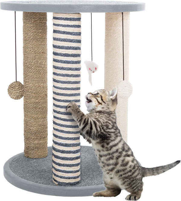 Cat Scratching Post - 3 Scratcher Posts with Carpeted Base Play Area and Perch - Furniture Scratching Deterrent for Indoor Cats by PETMAKER (Brown), Large9