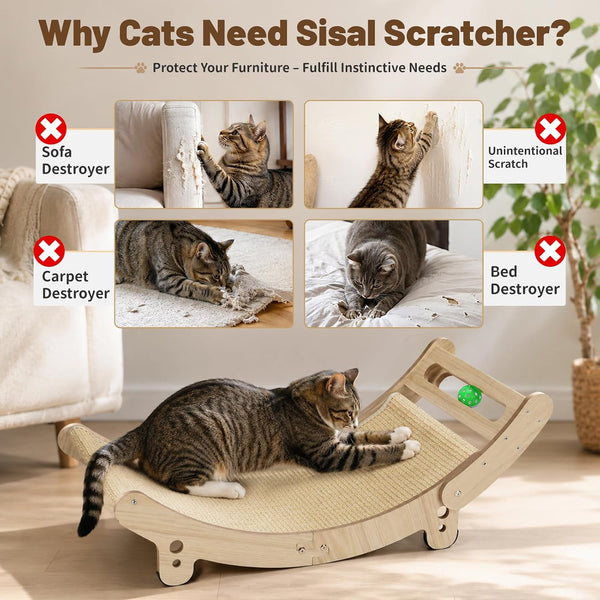 31.5" Sisal Cat Scratcher Bed with Bell Balls Wooden Cat Furniture(Xxl) | Cat Scratching Post for Indoor Cats Hammock.Natural Sisal Cat Scratch.Anti Slip and Stable without Shaking.Easy to Install4