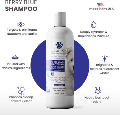 Lillian Ruff PRO Formula Berry Blue Brightening Pet Shampoo - Ultra-Hydrating Professional Whitening Dog Shampoo, Vivid Show-Quality Coat Enhancer, Tear Stain & Odor Eliminator with Provitamin B5 16Oz2