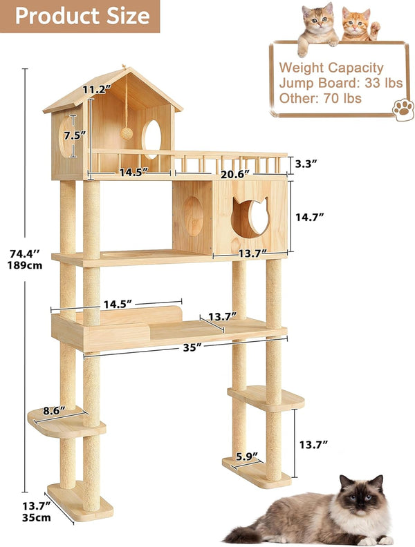 Wood Cat Tree for Automatic Litter Box, 5 Tier Cat Tower, 74 Inch | Tall Cats Tree for Indoor Cats Large Adult, Solid Wood Cat Furniture for Self Cleaning Litter Box, W/Scratching Post, House2