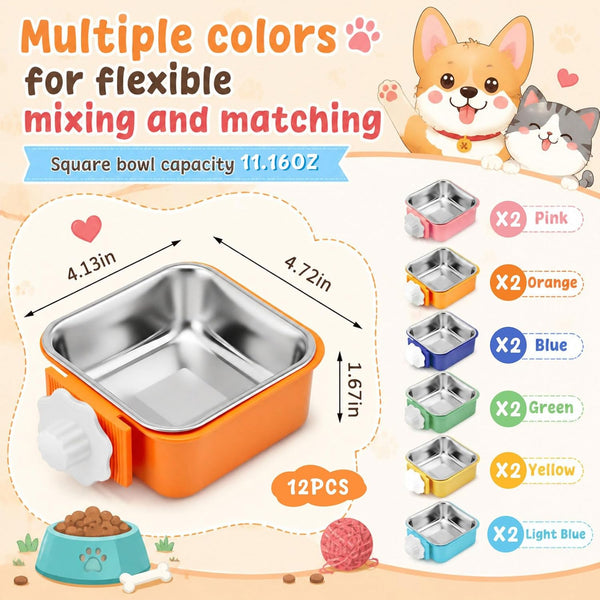 Lemonroad 12 Pcs Dog Crate Water Bowl Bulk No Spill Hanging for Kennel Removable Stainless Steel Puppy Food Water Feeding Bowls Cage Coop Cup for Dogs Cats Rabbits Birds Ferret(Square Bowl)2