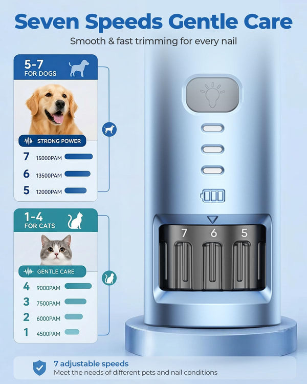 7-Speed Dog & Cat Nail Grinder with Light - Ring LED Safe to Avoid Overcut, Quiet Low Vibration & Powerful Fast, Cordless Rechargeable Toenail Trimmer for Small & Large Puppy & Breeds Paws(Blue)4