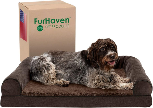 Furhaven Memory Foam Dog Bed for Medium/Small Dogs W/ Removable Bolsters & Washable Cover, for Dogs up to 35 Lbs - Luxe Faux Fur & Performance Linen Sofa - Woodsmoke, Medium18