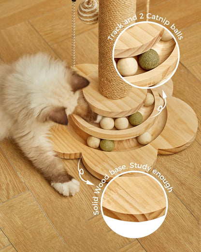 Cat Scratching Post for Kittens, 4 in 1 Wooden Cat Scratcher Toy, 17.7" Tall Scratch Post with 2 Level Cat Track Balls, Interactive Feather Toy and 2 Sisal Hanging Balls for Indoor Kittens3