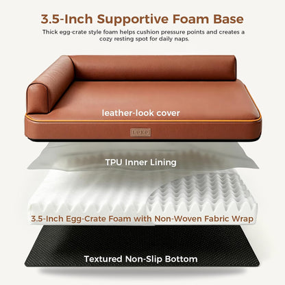Outdoor Waterproof Dog Bed for Small Dogs, Egg Crate Foam Crate Pad with Raised Bolster, Removable Washable Leather-Look Cover, Non-Slip Bottom, Brown, for Dogs up to 20 In. Long3