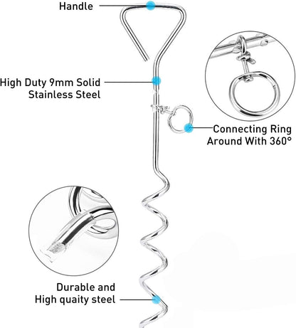 Dog Tie Out Cable and anti Rust Spiral Stake , 30Ft outside Leash&Chain for Camping and Yard, 16'' Heavy Duty for Medium-Large Dogs up to 125 Lbs (30FT, Blue)4