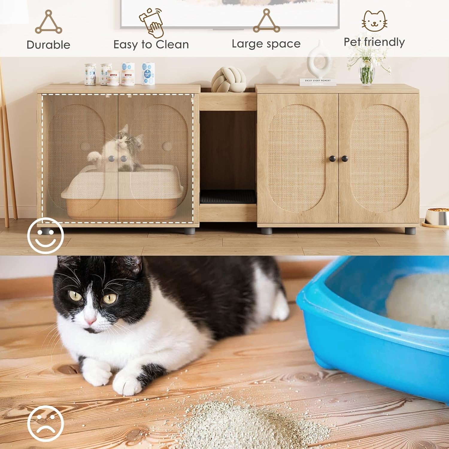 garvee-55-1-double-litter-box-enclosure-boho-cat-box-furniture-for-2-cats-cat-litter-box-furniture-hidden-with-cat-scratch-pad-large-indoor-pet-house-with-double-room-wood-color-double-room-design-fits-most-litter-boxes-built-in-litter-mat-double-roller-latch-storage-cubby-ventilated-cabinets