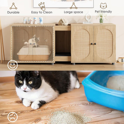 Garvee 55.1" Double Litter Box Enclosure, Boho Cat Box Furniture for 2 Cats, Cat Litter Box Furniture Hidden with Cat Scratch Pad, Large Indoor Pet House with Double Room, Wood Color | Double Room Design, Fits Most Litter Boxes, Built in Litter Mat, Double Roller Latch, Storage Cubby, Ventilated Cabinets6