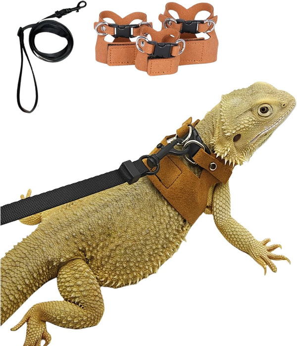 3 Pack Bearded Dragon Harness and Leash Set - Adjustable Soft Leather Lizard Harness Leash Small Animal Traction Rope Training Walking Vest Accessories for Reptile Squirrel Rat (Brown)1