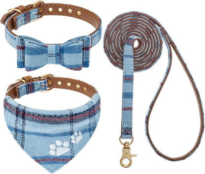 EXPAWLORER Puppy Collar and Leash Set - Embroidery Pawprints Plaid Dog Collar and Dog Leash Set, Bow Tie and Bandana Dog Collar with Bell, Cute Collar and Leash for Dogs Cats Outdoor Walking, Blue S22