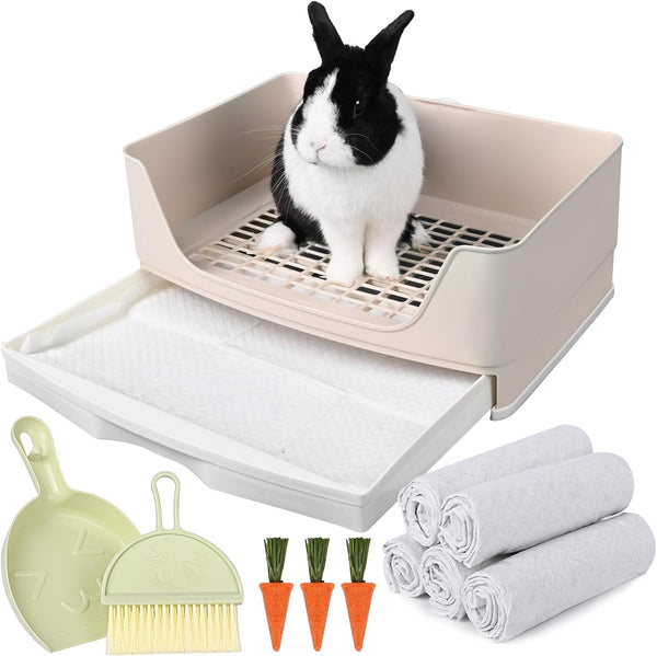 Large Rabbit Litter Box Bunny Potty Training Corner Litter Pan with Drawer Comes with Liners Rabbit Pee Pads, Small Animal Bedding Toilet for Adult Guinea Pig, Ferret, Hamster, Bunnies1