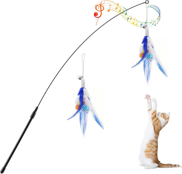 Pawaboo Feather Teaser Cat Toy - Interactive Wand with Extra Long 34.5" Wand and Small Bell, Fun Exerciser Playing Toy for Kittens or Cats, Brown Feather21