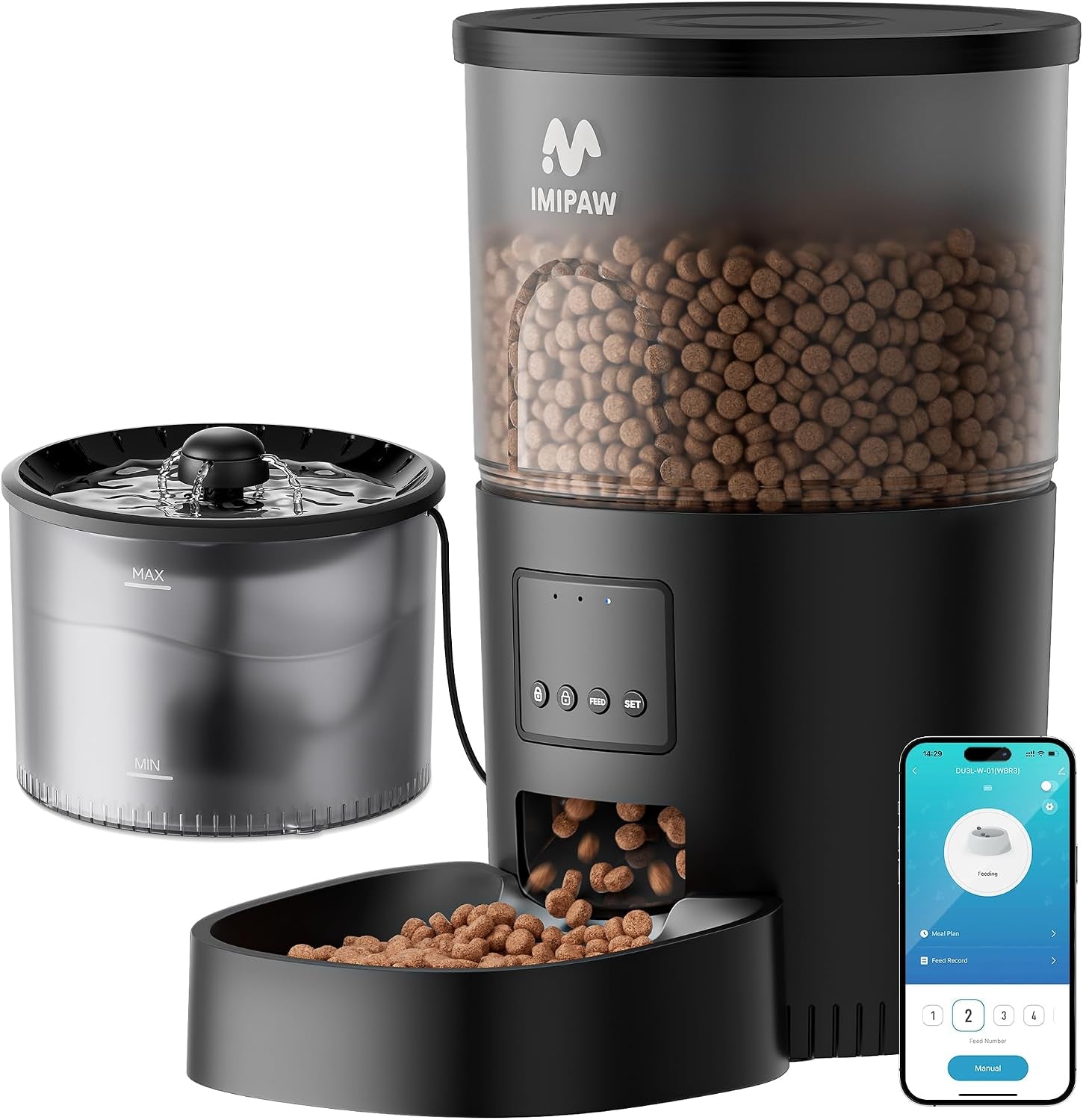 imipaw-automatic-cat-feeder-and-water-fountain-timed-dry-food-dispenser-programmable-portion-control-1-6-meals-per-day-desiccant-bag-cat-fountains-for-drinking-with-filter-small-pets-3l-combo