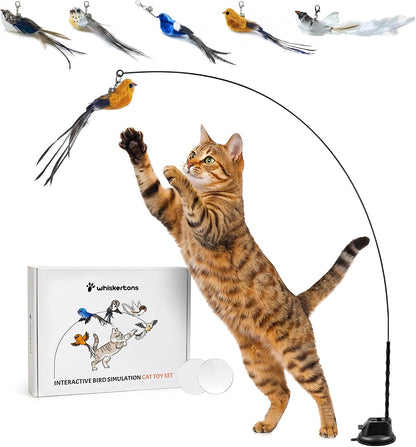 Whiskertons Interactive Bird Simulation Cat Toy Set, Interactive Cat Toys for Indoor Cats, Cat Feather Toy, Self-Holding Suction Base, 5 Replacement Birds, Feathers & Bells, Realistic Bird Impression1