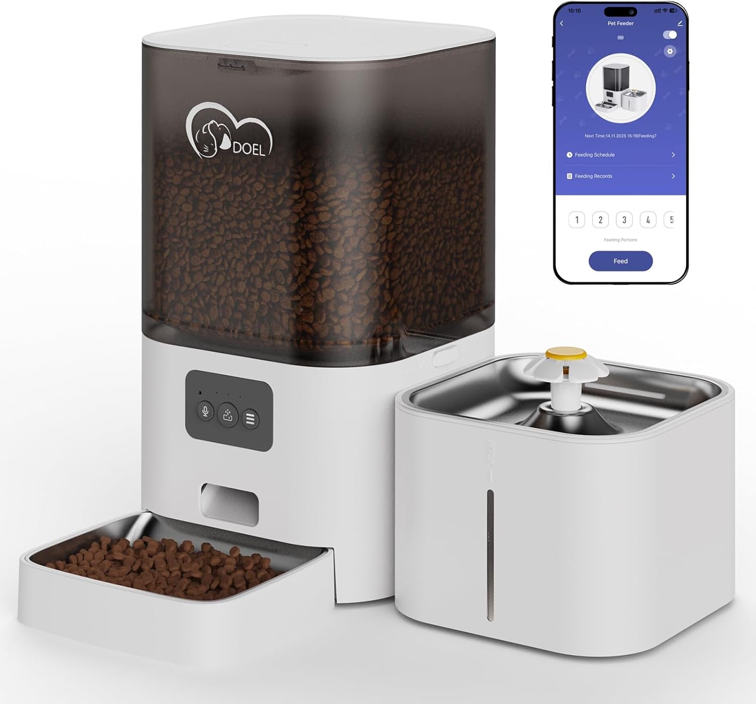 doel-5g-2-4g-wifi-automatic-cat-feeder-and-water-fountain-6l-24-cups-timed-dry-food-dispenser-for-2-5-weeks-with-app-remote-control-voice-for-small-medium-dog-puppy-kitten-white