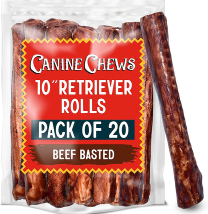 Canine Chews 10-11" Rawhide Bones for Large Dogs, Durable USA Beefhide Dog Rawhide Chews, Retriever Rolls 20 Pack (5 Lbs)10