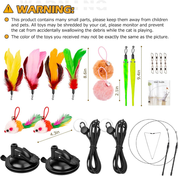 Cat Toys, 2 Pack 3 in 1 Interactive Cat Toy for Indoor Cats with Sticky Super Suction Cup Detachable 10 Pcs Replacements Feathers Balls Mice 2 Wand Hanging Door Kitten Toys6