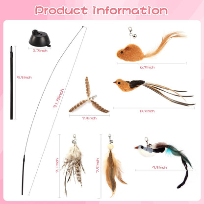 Interactive Bird Simulation Cat Toy Set | Cat Wand Toys,Includes 2 Self-Holding Suction Cup Bases and 6 Detachable Replacement Feather Toys6