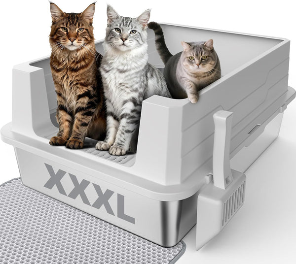 Stainless Steel Litter Box, Extra Large Litter Boxes for Big Cats, Xlarge Metal Cat Litter Box with Lid, Anti-Urine Leakage XL Box with High Sides, Easy Clean, Non-Sticky, Scoop Included10