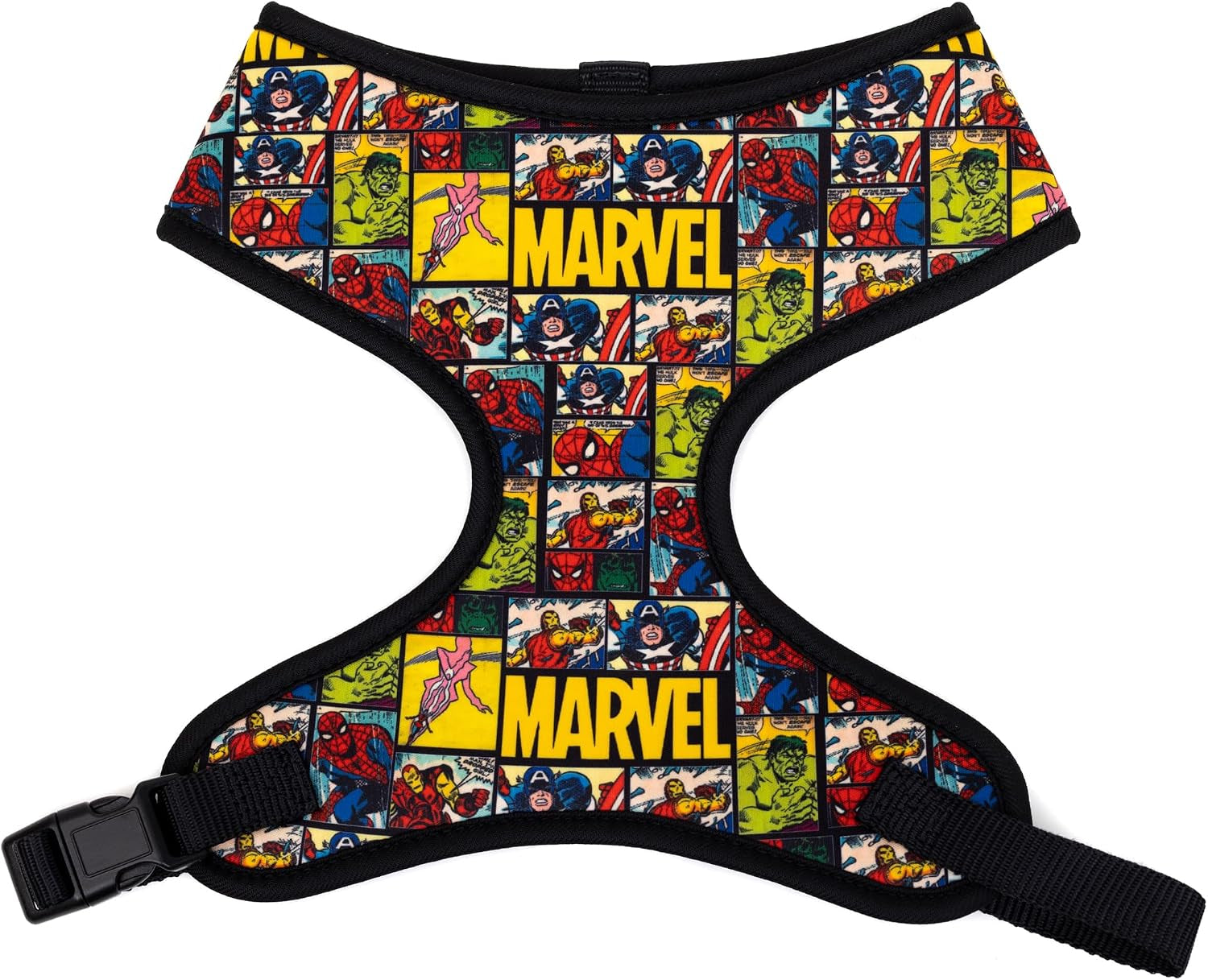 marvel-comics-pet-harness-dog-collar-plastic-buckle-marvel-brick-and-retro-comic-panels-blocks-black-yellow