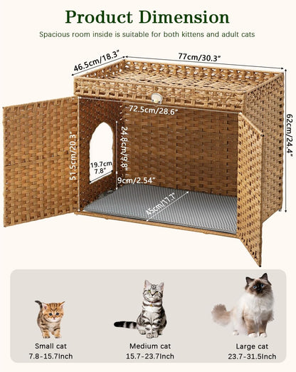 SETVSON Cat Litter Box Enclosure Furniture, Handwoven Rattan Hidden Litter Box with Mat, Large Space Cat House with 2 S-Shaped Hooks 30.3 X 18.3 X 24.4 Inches, Indoor for Living Room Apartment Natural5